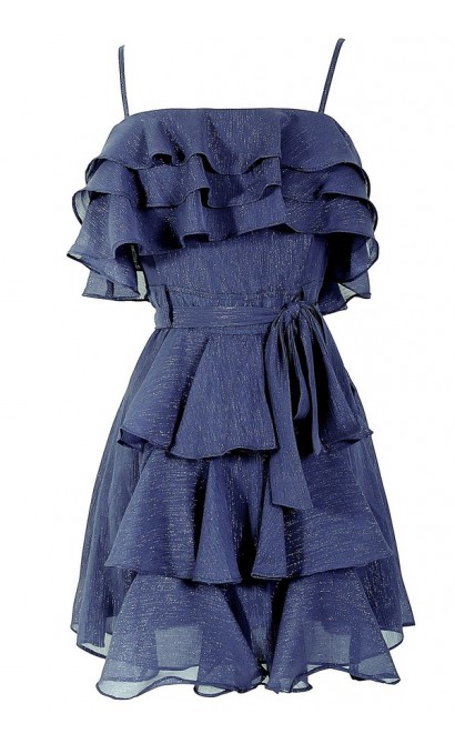 Tiered Midnight Blue Ruffle Dress With Waist Tie